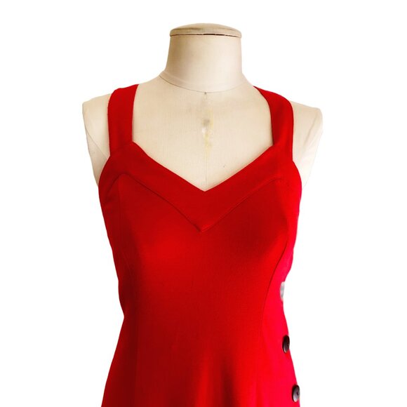 Vintage 80s Red Midi Dress Sweetheart Neckline Cross Back Retro Party Size Small - Picture 2 of 8